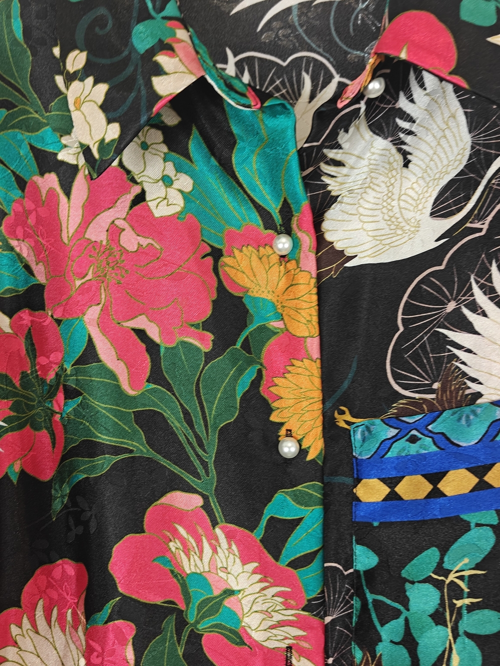 Zara Oriental Crane Satin Blouse Floral Bird Print Black Pink Green Size M - Picture 8 of 16